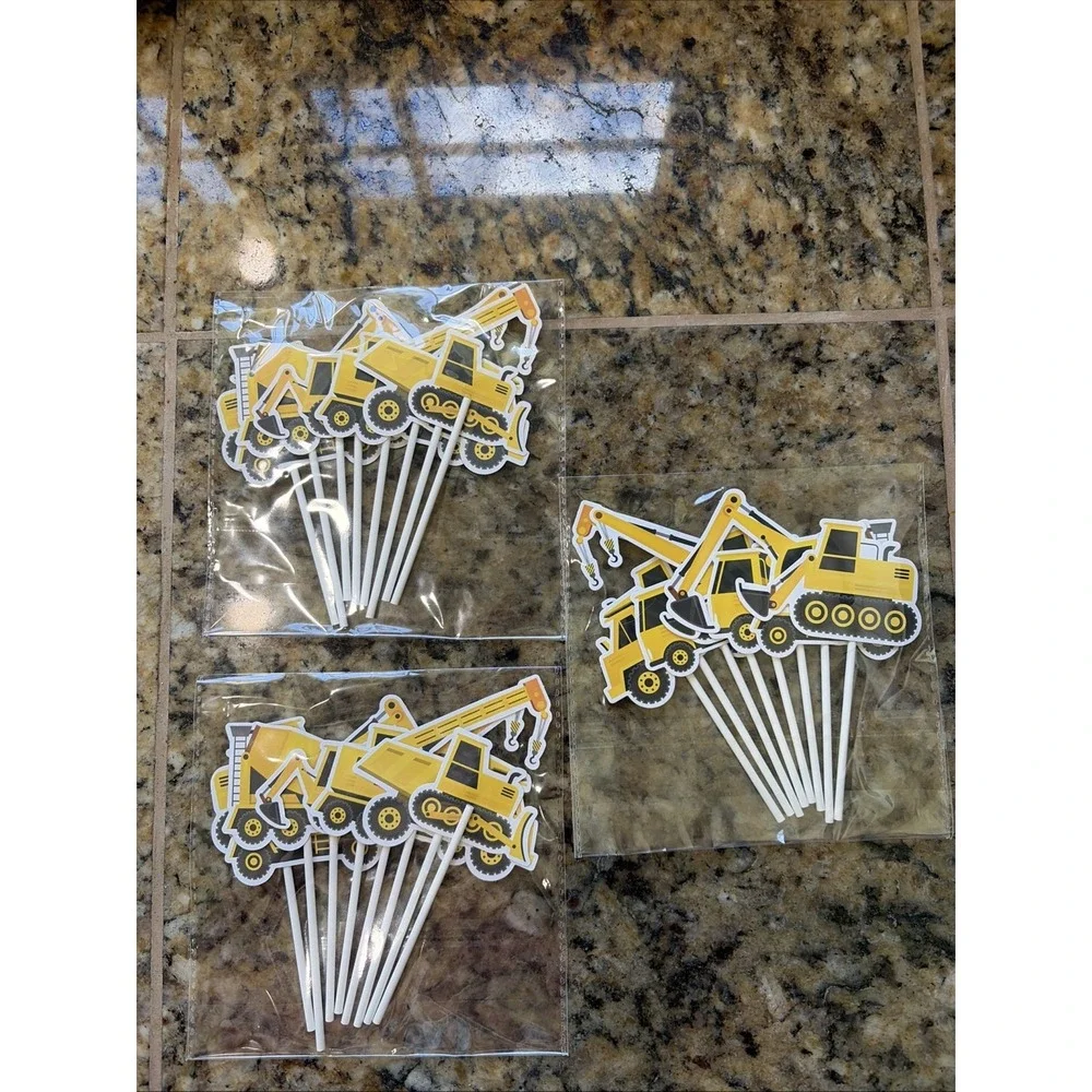 Yellow Construction Party Truck Crane Machine Digger Cupcake Toppers NEW 24-CT